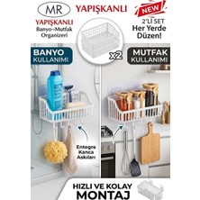 Segy Home Yapışkanlı Banyo ve Mutfak Düzenleyici Organizer Sepet 2'li Set – Delmesiz Kancalı Askılı Banyo Rafı Entegre Kancalı Çok Amaçlı Duvar Rafı-Beyaz
