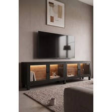 Robin Home Prime Temperli Cam Kapaklı Neon LED Işıklı Tv Ünitesi Tv Sehpası Vitrin Ahşap Ayaklı Sepet-Siyah