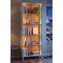 Robin Home Prime 5 Raflı Neon LED Işıklı Kitaplık Ahşap Ayaklı Sepet-Ihlamur Yeşili 183CM