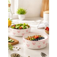 Evanilife 2'li Pink Bow Model El Yapımı Orta Boy Seramik Salata Kasesi - Diyet Bowl
