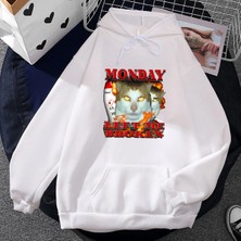 Tarzsokak Beyaz Unisex Pazartesi Sol Bana Kırık Kedi Meme Kapşonlu Streetwear Hip Hop Rah