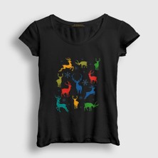 Presmono Kadın Siyah Deers Geyikler Yılbaşı T-Shirt