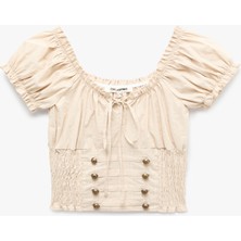 Koton Gipeli Düğme Detaylı Slim Fit Kayık Yaka Balon Kollu Poplin Crop Bluz