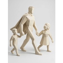Yakamoz Atölye Süper Kahraman Baba ve 2 Çocuk Biblo 17 cm Low Poly 3D Baskı Krem Dekoratif Heykel Masaüstü Süs