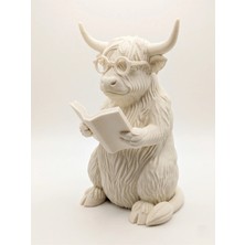 Yakamoz Atölye Kitap Okuyan Highland Inek Biblo 3D Baskı Dekoratif Masa ve Kitaplık Aksesuarı