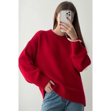 Madmext Kadın Kırmızı Oversize Triko Kazak Fermuarlı Yaka Günlük Stil MG1972