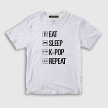 Presmono Unisex Çocuk Beyaz Eat Sleep Repeat K-Pop T-Shirt