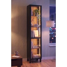 Robin Home Prime Temperli Cam Kapaklı Neon LED Işıklı Dar Alan Vitrin Büfe Kitaplık Ahşap Ayaklı 5 Raflı Sepet-Siyah 183CM
