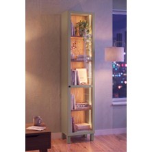Robin Home Prime Temperli Cam Kapaklı Neon LED Işıklı Dar Alan Vitrin Büfe Kitaplık Ahşap Ayaklı 5 Raflı Sepet-Ihlamur Yeşili 183CM