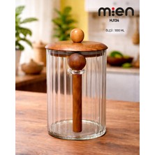 MİEN 1000 ml Kaşıklı Akasya Kapaklı Cam Kavanoz