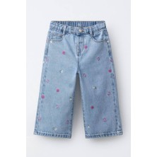 Kız Çocuk Çiçek Nakışlı Denim Pantolon Mavi