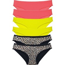 6 Adet Likralı Kadın Slip Külot Leopar Fuşya Sarı