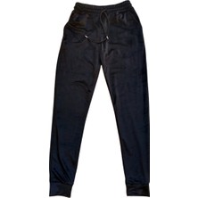 Parlak Kadife Cepli Pantolon Eşofman Pijama Altı Unisex Lastikli Paça Siyah