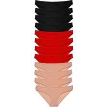 12 Adet Süper Eko Set Likralı Kadın Slip Külot Siyah Kırmızı Ten