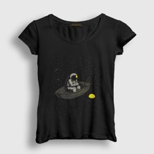 Presmono Kadın Siyah Moon Fishing Astronaut Space Astronot Uzay T-Shirt