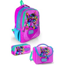 Yaygan Coral High Kids Pembe Mavi Simli Kedi Desenli Üçlü Çanta Takımı