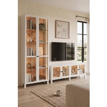 Robin Home Prime Temperli Cam Kapaklı Neon LED Işıklı Tv Ünitesi Tv Sehpası & LED Işıklı Büfe Vitrin Kitaplık Takımı Ahşap Ayaklı Sepet-Beyaz