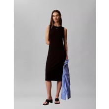 Calvin Klein Kadın Slim Fit Yuvarlak Yakalı Ck Logo Imzalı Kolsuz Midi Siyah Elbise LV047G209G-UB1