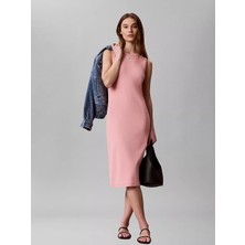 Calvin Klein Kadın Slim Fit Yuvarlak Yakalı Ck Logo Imzalı Kolsuz Midi Pembe Elbise LV047G209G-1FS