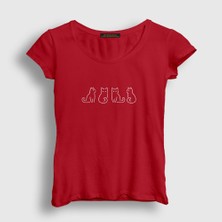 Presmono Kadın Kırmızı Four Cats Kedi T-Shirt