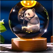 Hace Bazaar Dekoratif Panda Tasarımlı Ahşap Altlıklı Işıklı Cam Küre Büyük Boy Cam:8cm Ahşap:2cm