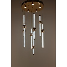 GN Gen Aydınlatma Lüks Gold Çemberli Seri 7li Çizgili Cam Silindir Modern Küre Detaylı LED Avize