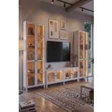 Robin Home Prime Temperli Cam Kapaklı Neon LED Işıklı Tv Ünitesi Tv Sehpası & LED Işıklı Büfe Vitrin Kitaplık Takımı Ahşap Ayaklı Sepet-Beyaz