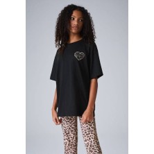 Noble Kids Kız Çocuk Leopar Kalp Baskılı Oversize Tişört Siyah