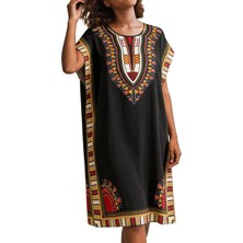 Ata Afrika Desenli Kaftan Elbise, Bol Kesim Dashiki Tunik Elbise, Günlük Etnik Desenli Kaftan Ev Elbisesi, Yazlık Rahat