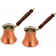 Copper Empire 2'li Bakır Cezve Seti Ahşap Saplı Türk Kahvesi Cezvesi 9x8 cm