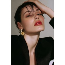 Lykos Işıltılı Taşlı Gold Çiçek Model Küpe - Özel Tasarım Vintage Sallantılı Küpe