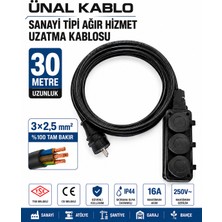 Ünal Kablo Sanayi Tipi Ağır Hizmet Uzatma Kablosu 30 Metre | 3x2.5 mm %100 Tam Bakır | Seldur Kauçuk 3'lü Grup Priz | Orel Kauçuk Fiş | IP54 IP44