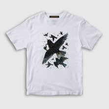 Presmono Unisex Çocuk Beyaz Herd Of Birds Kuş Karga T-Shirt
