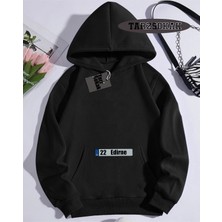 Tarzsokak Kapşonlu Sweatshirt Siyah 22 Edirne Özel Tasarım Plaka Detaylı