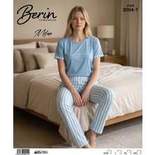 Berin Homewear Milan Kumaş Kadın Pijama Takımı Turkuaz Çizgili Kısa Kollu