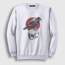 Presmono Unisex Beyaz Skull Crow Karga Sweatshirt