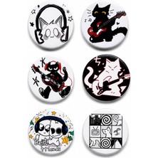 Fynbos 6’lı 44 mm Kedi & Müzik Temalı Rozet Seti – Metal Pin Rozet, Çanta Rozeti, Gitar & Kulaklık Tasarımlı Renkli Aksesuar