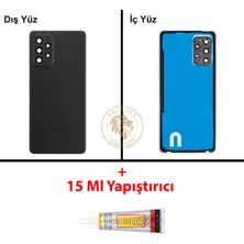Arsking Samsung Galaxy A72 Siyah Renk Lensli Arka Kapak + B7000 Yapıştırıcı Arka Cam Batarya Kapağı Pil Kapağı Lazer Kesim Back Cover Galaxy A72 Uyumlu