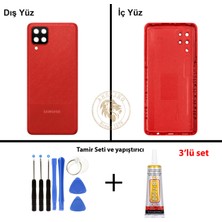 Arsking Samsung Galaxy A12 Kırmızı Renk Lensli Arka Kapak + Tamir Seti + B7000 Yapıştırıcı Arka Cam Batarya Kapağı Pil Kapağı Lazer Kesim Back Cover Galaxy A12 Uyumlu