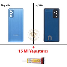 Arsking Samsung Galaxy M52 Mavi Renk Lensli Arka Kapak + B7000 Yapıştırıcı Arka Cam Batarya Kapağı Pil Kapağı Lazer Kesim Back Cover Galaxy M52 Uyumlu