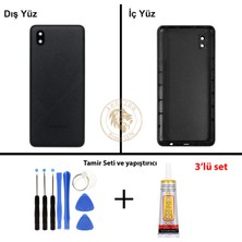 Arsking Samsung Galaxy A01 Core Siyah Renk Lensli Arka Kapak + Tamir Seti + B7000 Yapıştırıcı Arka Cam Batarya Kapağı Pil Kapağı Lazer Kesim Back Cover Galaxy A01 Core Uyumlu