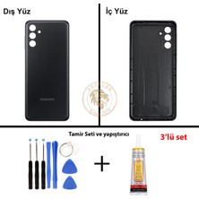 Arsking Samsung Galaxy A04S Siyah Renk Arka Kapak + Tamir Seti + B7000 Yapıştırıcı Arka Cam Batarya Kapağı Pil Kapağı Lazer Kesim Back Cover Galaxy A04S Uyumlu