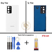 Arsking Samsung Galaxy Note 20 Ultra Beyaz Renk Lensli Arka Kapak + Tamir Seti + B7000 Yapıştırıcı Arka Cam Batarya Kapağı Pil Kapağı Lazer Kesim Back Cover Galaxy Note 20 Ultra Uyumlu