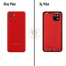 Arsking Samsung Galaxy A03 Kırmızı Renk Lensli Arka Kapak Arka Cam Batarya Kapağı Pil Kapağı Lazer Kesim Back Cover Galaxy A03 Uyumlu