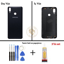 Arsking Samsung Galaxy A10S Siyah Renk Arka Kapak + Tamir Seti + B7000 Yapıştırıcı Arka Cam Batarya Kapağı Pil Kapağı Lazer Kesim Back Cover Galaxy A10S Uyumlu