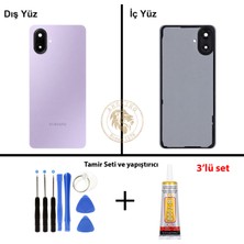 Arsking Samsung Galaxy A07 Mor Renk Lensli Arka Kapak + Tamir Seti + B7000 Yapıştırıcı Arka Cam Batarya Kapağı Pil Kapağı Lazer Kesim Back Cover Galaxy A07 Uyumlu