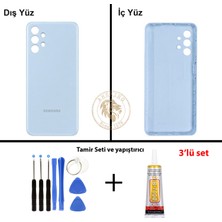 Arsking Samsung Galaxy A13 Mavi Renk Arka Kapak + Tamir Seti + B7000 Yapıştırıcı Arka Cam Batarya Kapağı Pil Kapağı Lazer Kesim Back Cover Galaxy A13 Uyumlu