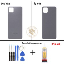 Arsking Samsung Galaxy A22 5g Gri Renk Arka Kapak + Tamir Seti + B7000 Yapıştırıcı Arka Cam Batarya Kapağı Pil Kapağı Lazer Kesim Back Cover Galaxy A22 Uyumlu