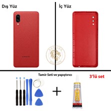 Arsking Samsung Galaxy A02 Kırmızı Renk Lensli Arka Kapak + Tamir Seti + B7000 Yapıştırıcı Arka Cam Batarya Kapağı Pil Kapağı Lazer Kesim Back Cover Galaxy A02 Uyumlu