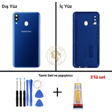 Arsking Samsung Galaxy M20 Mavi Renk Lensli Arka Kapak + Tamir Seti + B7000 Yapıştırıcı Arka Cam Batarya Kapağı Pil Kapağı Lazer Kesim Back Cover Galaxy M20 Uyumlu